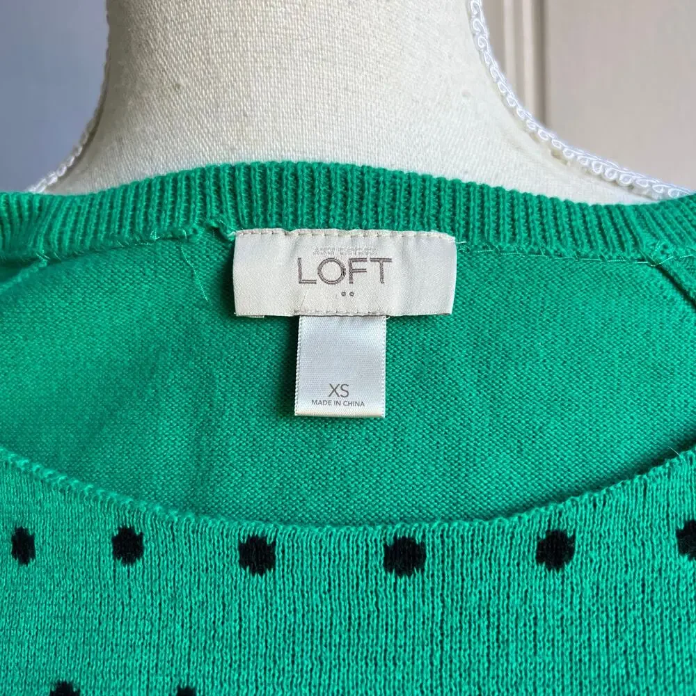 LOFT Polka Dot Cotton Sweater Long Sleeve Women's Size XS‎ Extra Small Green